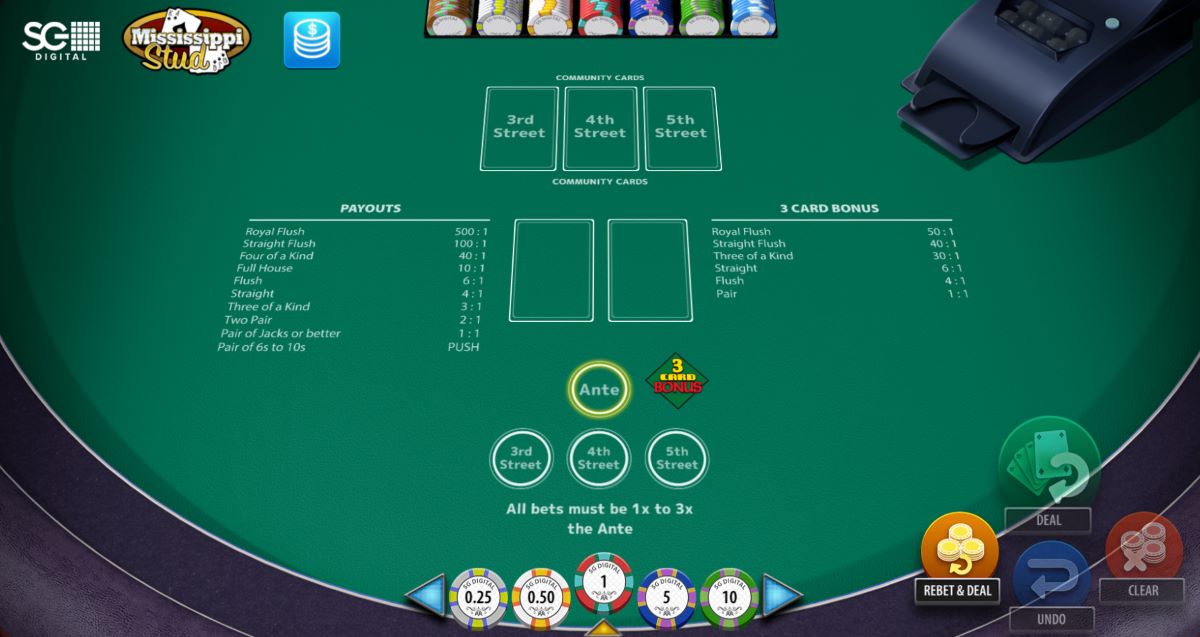 Casino stol za Mississippi Stud Poker s poljima za Ante i 3 Card Bonus
