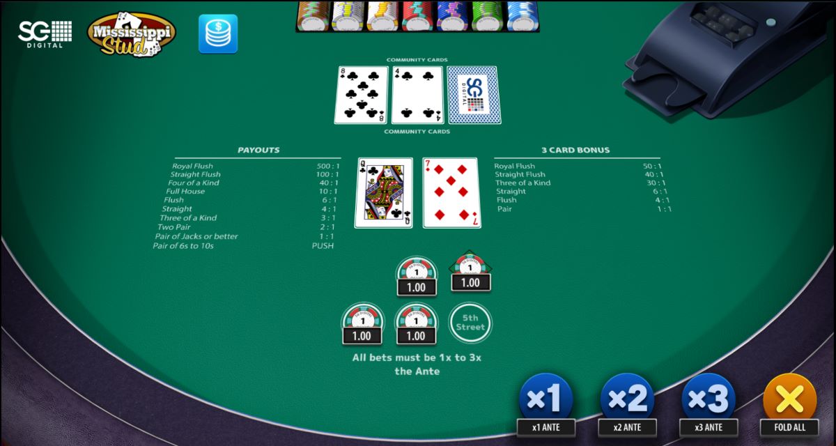 Mississippi Stud Poker Tisch mit 8♣ Community-Karte und 4th-Street-Wettrunde