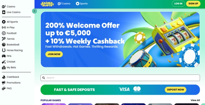 Samba Slots casinon kotisivu englanniksi