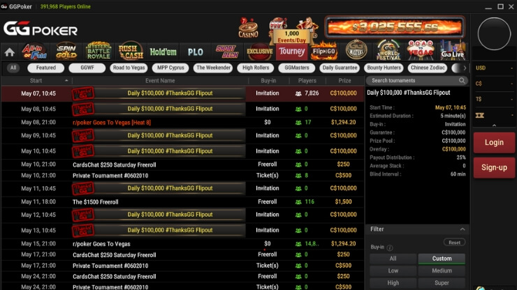 GGPokerin freeroll-turnauksien aula sovelluksessa.
