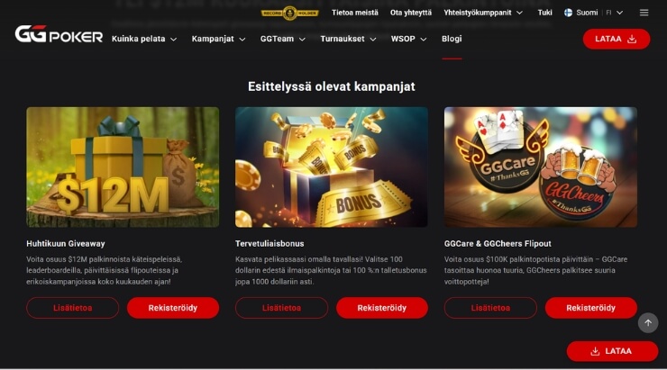 GGPokerin etusivun pokeribonukset ja kampanjat.