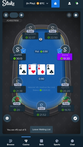 Stake.com mobiilipokeri pöytänäkymä