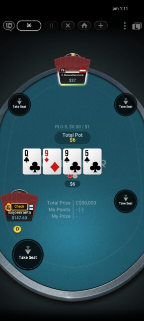 GGPoker-pokerisovellus älypuhelimella, pöytänäkymä.