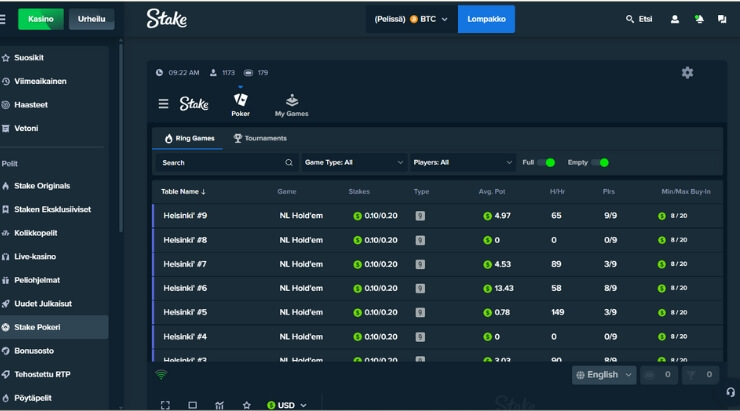 Stake.com pokerisivuston käteispelien aula