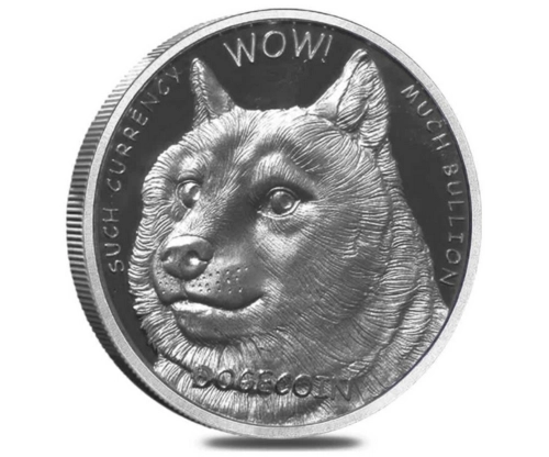 Hopeinen Dogecoin kolikko