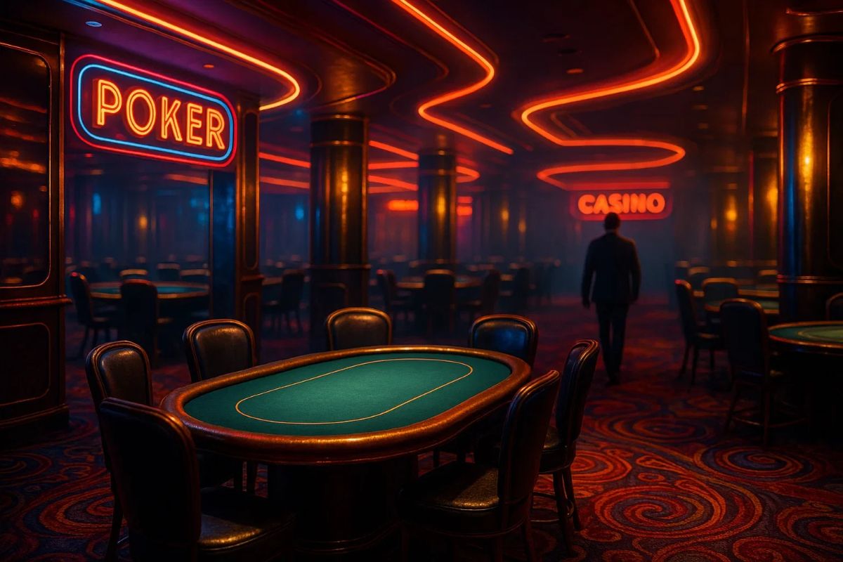 Salle de poker moderne vide avec une table éclairée au premier plan, et un homme en costume quittant la pièce dans l’ombre