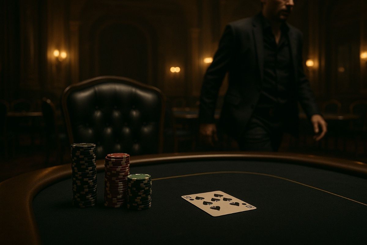 Un joueur de poker quitte la table, laissant ses jetons et ses cartes sur un siège vide dans une salle de tournoi