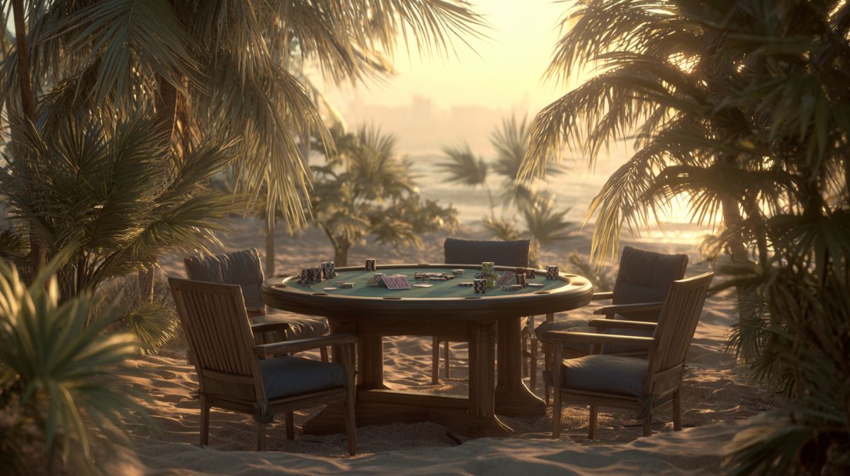 Une table de poker dans le sable pour illustrer le tournoi Winamax Islands 2025