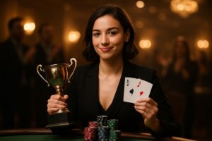 Coralie Sferrazza remportant le SharkBay55, souriante avec un trophée et deux as en main, devant une pile de jetons de poker au Pasino Grand d'Aix-en-Provence