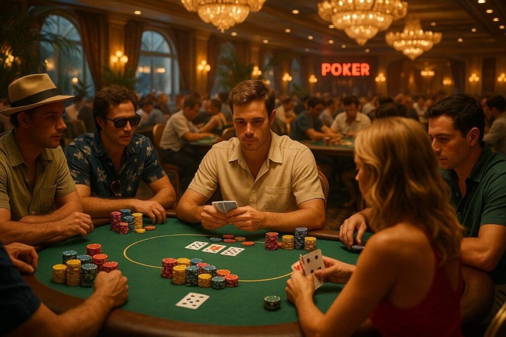 Joueurs concentrés autour d’une table de poker au TexaPoker Giant à l’Impérial Casino d’Annecy