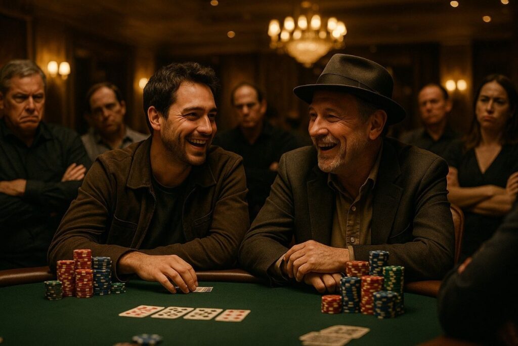 Deux joueurs de poker discutent et rient pendant une main, ralentissant le jeu, tandis que d’autres participants autour de la table affichent des expressions agacées