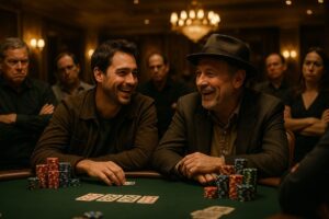 Deux joueurs de poker discutent et rient pendant une main, ralentissant le jeu, tandis que d’autres participants autour de la table affichent des expressions agacées
