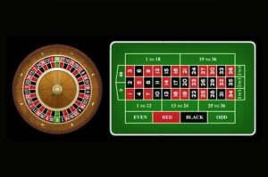 Table de roulette de casino avec la roue à gauche et le tapis de jeu à droite, montrant les numéros de 0 à 36 ainsi que les zones de pari