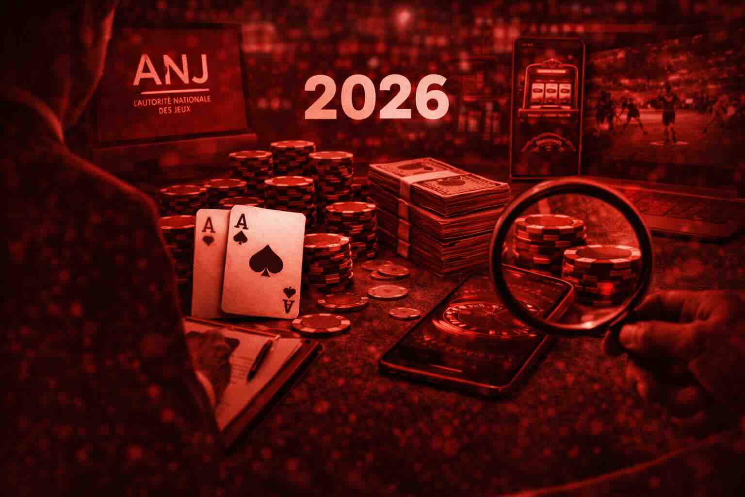 ANJ 2026 : contrôle des dépenses publicitaires des jeux d’argent en ligne, jetons casino, euros, smartphone d’annonces et loupe
