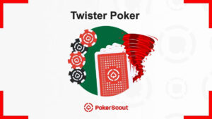 Illustration Twister Poker avec jetons rouges et noirs, carte au centre et effet tornade rouge, sur fond blanc.