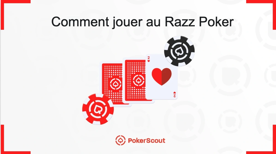 Illustration “Comment jouer au Razz Poker” avec jetons de poker et cartes, visuel de guide pour apprendre les règles et la stratégie du Razz.