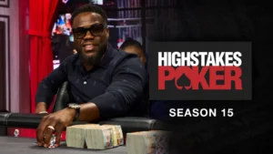 Kevin Hart lors de High Stakes Poker saison 15, face à des piles de jetons et de cash, juste avant son mauvais call à 425 000 dollars.