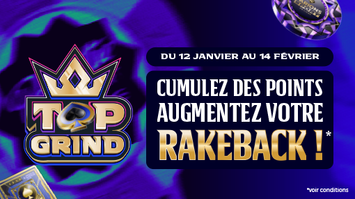 Visuel promotionnel Top Grind Parions Sport Poker annonçant une hausse du rakeback avec cumul de points jusqu’à mi-février.