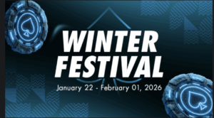 Affiche Winter Festival avec jetons bleus et dates du tournoi du 22 janvier au 1er février 2026, pour l’événement poker à Namur.