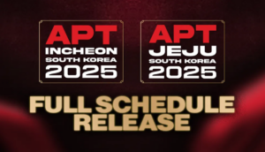 검붉은 배경 위에 "APT INCHEON SOUTH KOREA 2025"와 "APT JEJU SOUTH KOREA 2025"라는 문구가 각각 상단 좌우에 배치되어 있으며, 하단 중앙에는 굵고 금색의 글씨로 "FULL SCHEDULE RELEASE"라는 문구가 강조되어 있는 아시안 포커 투어 2025 일정 발표 홍보 이미지.