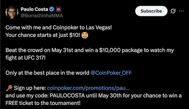 코인포커가 $10 바이인으로 UFC 317 프리미엄 티켓 등 총 $10,000 상당의 드림 패키지를 걸고 초대형 PKO 토너먼트를 5월 31일 개최한다.