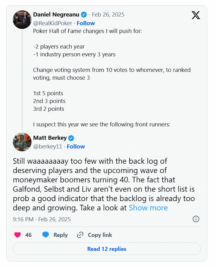 tweet Daniel Negreanu op X over Poker Hall of Fame 