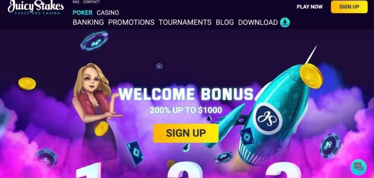 JuicyStakes homepagina met paypal poker
