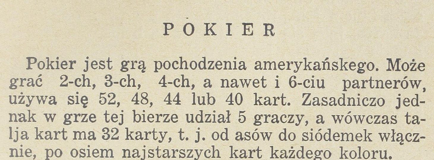 Strona z historycznego przewodnika po grach karcianych opisująca grę w pokera (pokiera)