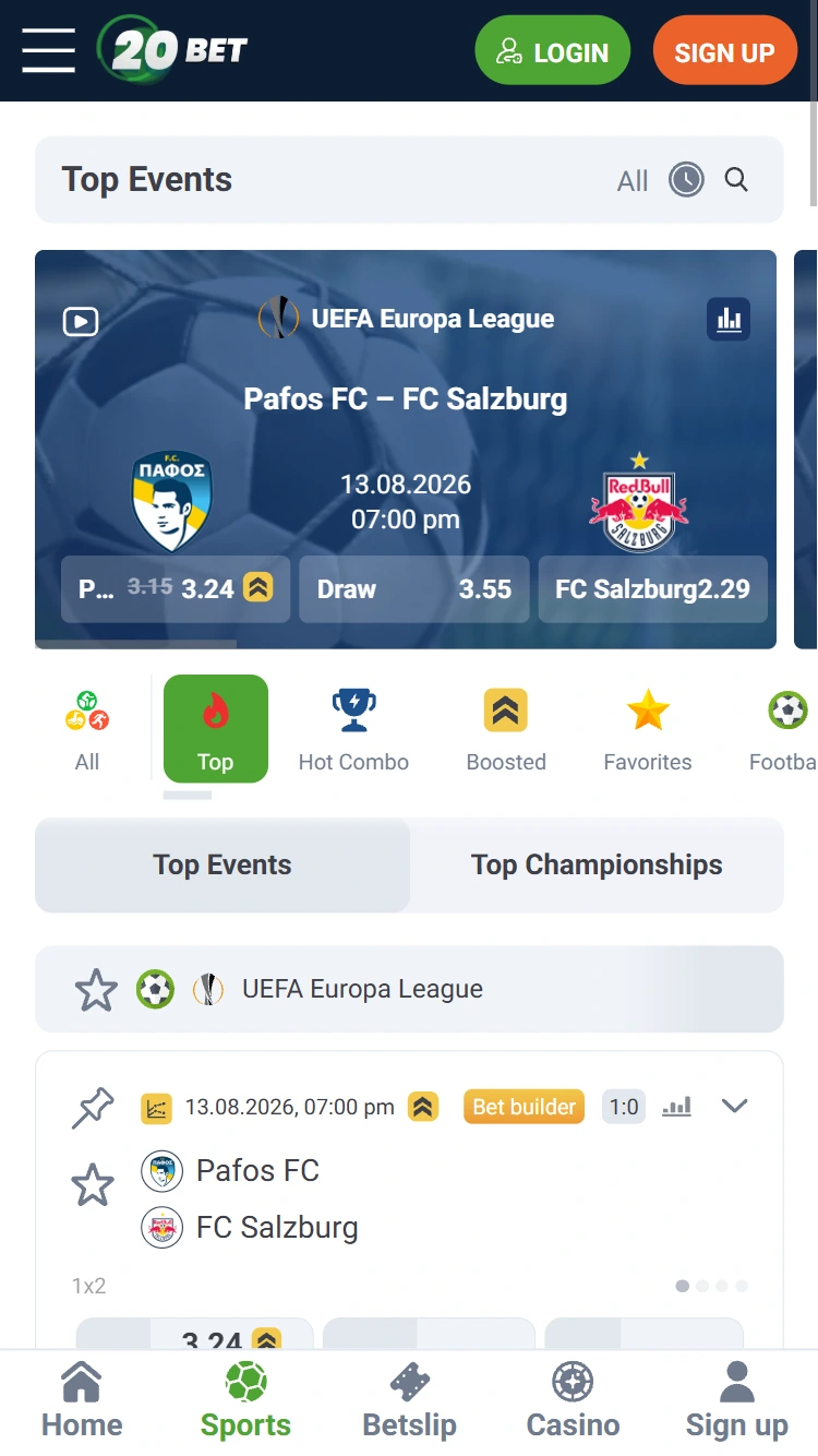 Skärmbild av 20bet sportsbook på mobilen