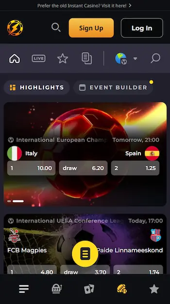 Skärmbild av Instant Sports på mobilen