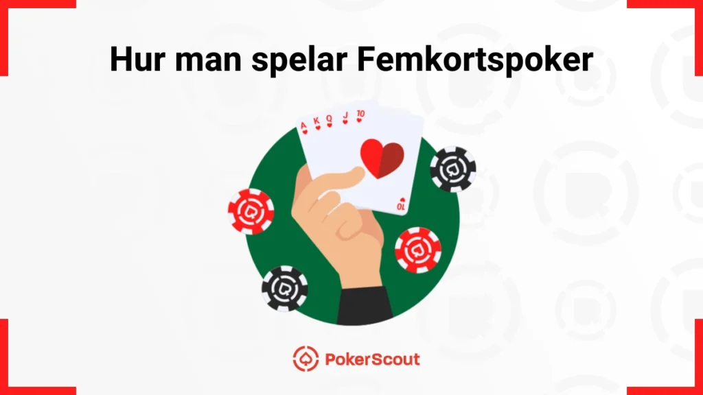 En hand med fem spelkort, pokerchips och texten Hur man spelar Femkortspoker.