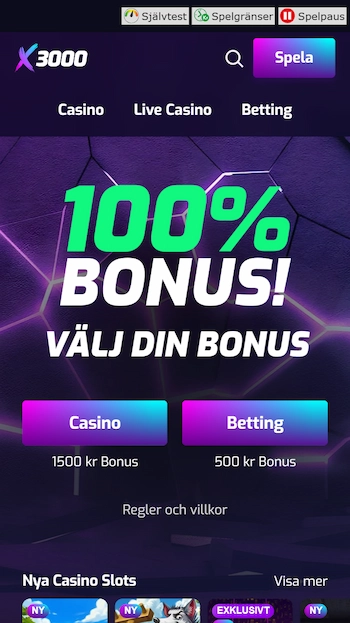 X3000 startsida med två bonusval