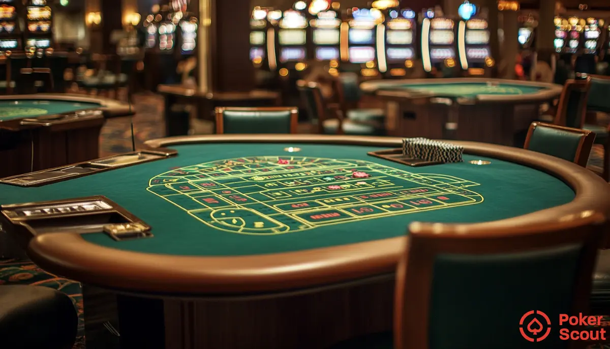 Insidan av ett casino med ett pokerbord