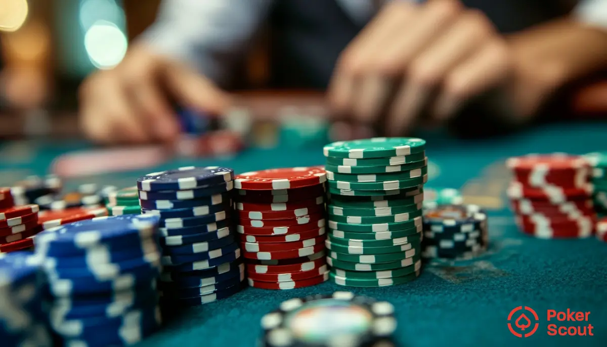 Händerna på en dealer syns med pokermarker på bordet.