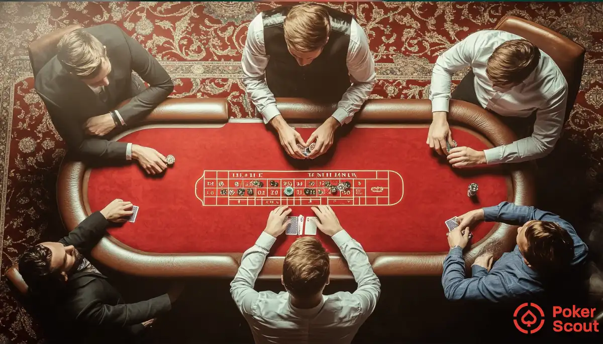 Pokerspelande runt ett rött pokerbord