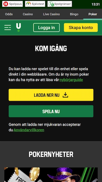Skärmbild på Unibet Poker från mobilen