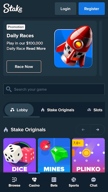 Rake casino skärmbild från mobil