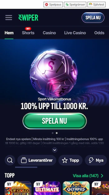 Swiper Casino skärmbild från mobil.
