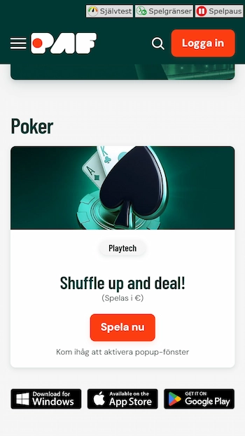 Skärmbild av Betssons pokersida på mobilen