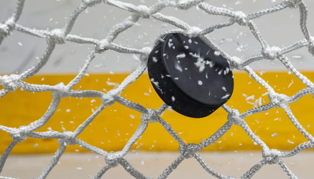 Bild på en ishockeypuck i mål
