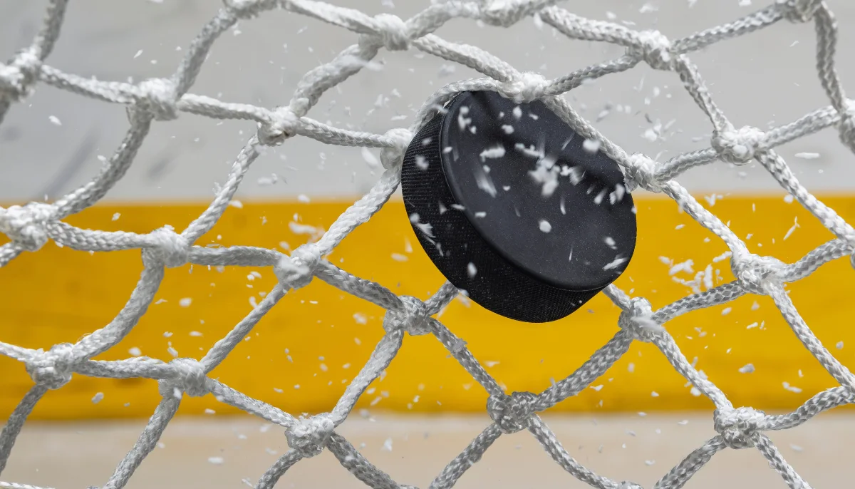 Bild på en ishockeypuck i mål