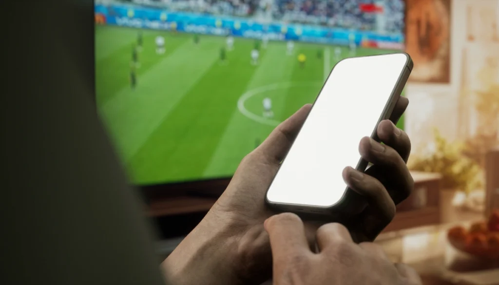 Person använder mobilen medan en fotbollsmatch visas på tv.