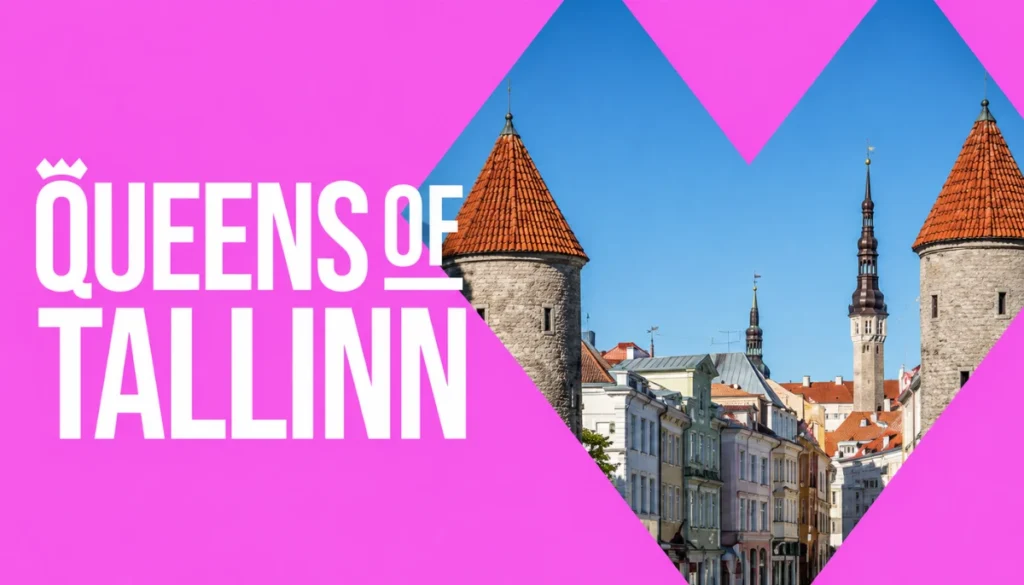 Queens of Tallinn-logotyp framför Tallinns historiska stadskärna.