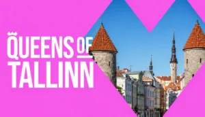 Queens of Tallinn-logotyp framför Tallinns historiska stadskärna.