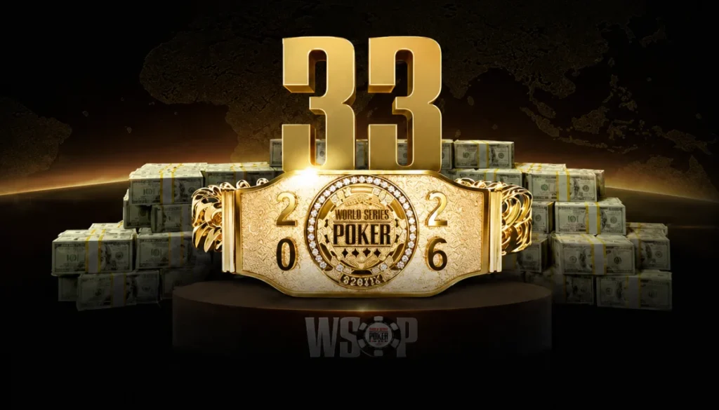 WSOP-armband 2026 framför prispengar och siffran 33 för turneringens armband.