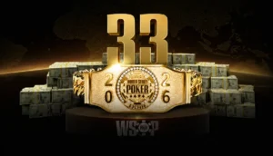 WSOP-armband 2026 framför prispengar och siffran 33 för turneringens armband.