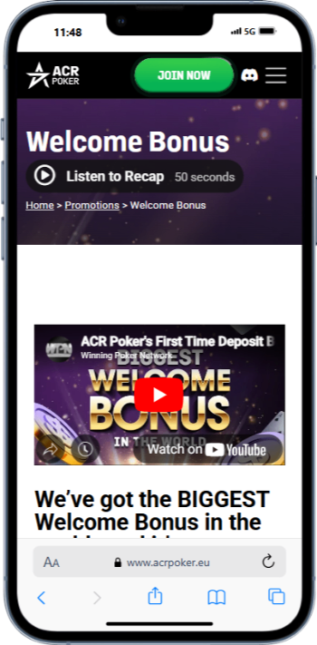 ACR Poker Welcome Bonus screen
