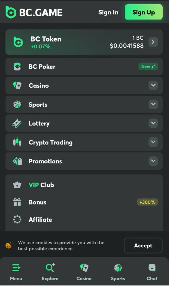bc game side bar menu