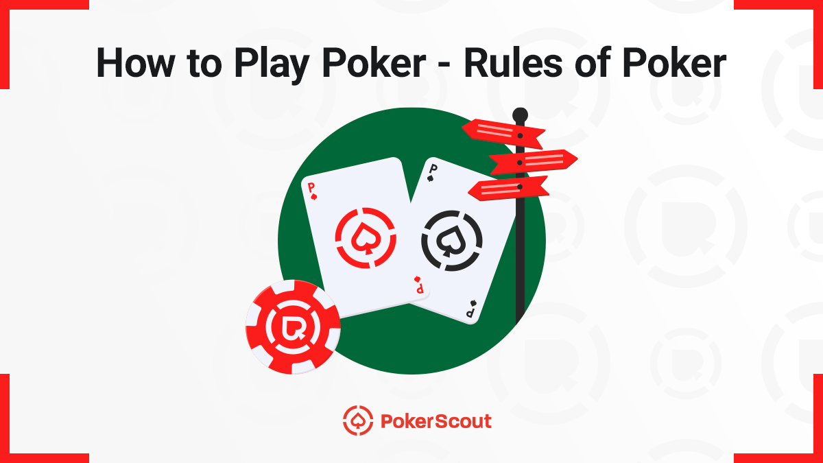 Poker educational graphic featuring two playing cards, a red poker chip, and directional signs. Text reads 'How to Play Poker - Rules of Poker'