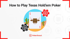A bull on a playing card with two poker chips on a desert background, with the text “How to Play Texas Hold’em Poker”